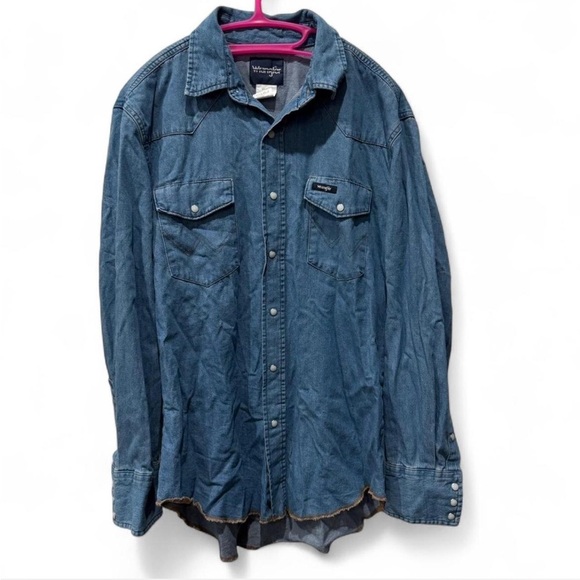 Vintage Wrangler Cowboy Cut Denim Western Pearl Snap Button Cotton Shirt Large - Picture 1 of 8
